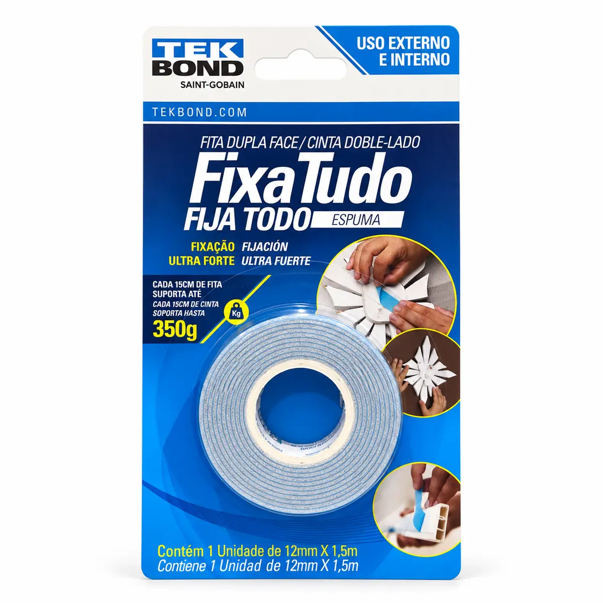Fitas Dupla Face Fixação — Fixa Tudo com espuma · 12 mm × 1,5 m